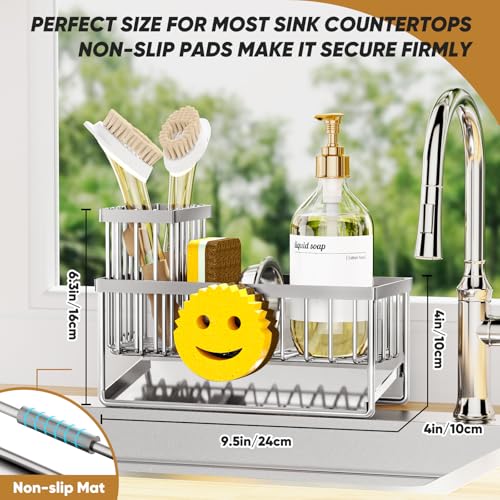 Sponge Holder for Kitchen Sink,Smiley Face Sink Caddy with Removable Brush Holder,Self-Draining Sponge Caddy for Soap,Dish Brush,Scrubber,Kitchen Essentials and Gadgets-Silver - color: 1 Tier Silver