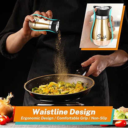Salt and Pepper Shakers - 4 oz Copper Glass Set with Stainless Steel Lids | Refillable Glass Shakers with Stainless Steel Lids for Cooking, Dining, RV Trips, Camping and BBQs; 4 oz Capacity Each. - color: Copper