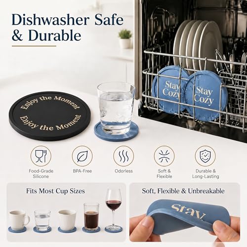 Silicone Coasters Set of 6, Premium Drink Coaster with Holder, Non-Slip, Non-Stick, Dishwasher Safe, Perfect for Hot and Cold Drinks, Protect Your Desks and Tables(3 Morandi Blue + 3 Black) - color: 3 Morandi Blue + 3 Black