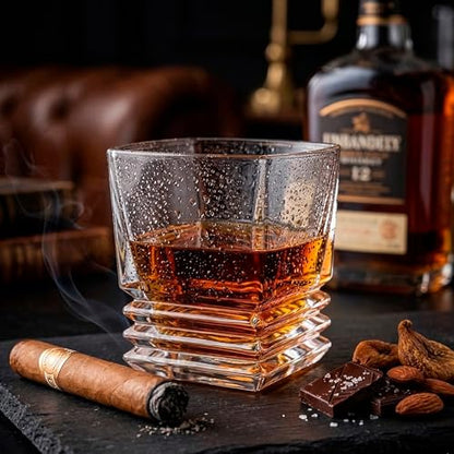 XRUSTAL Whiskey Glass Gift Set for Men, 10.5 oz Old Fashioned Crystal Glass with 3 Stone Whiskey Chilling Rocks, Bag and Wooden Gift-Ready Box, Bourbon Scotch Gift for Dad Husband Boyfriend (Wave)
