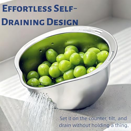 DOPMEP Rice Washer Strainer Bowl Stainless Steel Colander with Side Drainer | Ideal for Soaking, Washing, Cleaning, and Rinsing Rice, Fruits, Vegetables & Beans, Versatile Kitchen Tool - color: Rice Washing Strainer