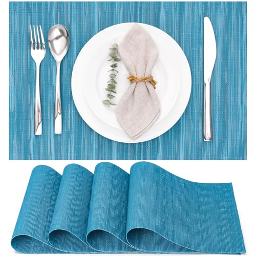 Myir JUN Placemats Set of 4 Kitchen and Dining Table Placemats | Vinyl Placemats Place Mats Indoor/Outdoor Set of 4 Washable Table Mats Non-Slip Place mats for Dining Table, Blue - color: Blue, size: Set of 4