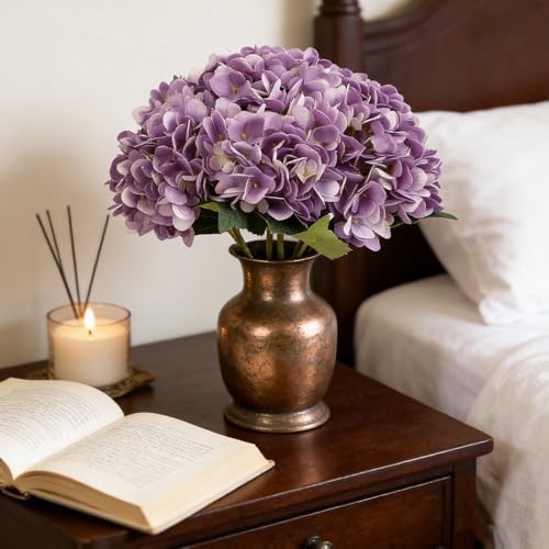 Kimura's Cabin 6Pcs Artificial Hydrangeas Flower Silk Fake Flowers,Purple | Faux Hydrangea Flowers with Stems,Wedding Party Bouquet Arrangements,Home Table Centerpieces,Vase Filler Plants,Office Deco - color: Purple