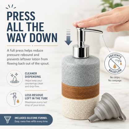 Ceramic Hand Soap Dispenser for Kitchen and Bathroom, Pump Bottle | Refillable Shampoo and Conditioner Dispenser | Lotion and Body Wash Dispenser with Stainless Steel Pump, Funnel, 12OZ White - color: White and White, size: 1xSoap Dispenser