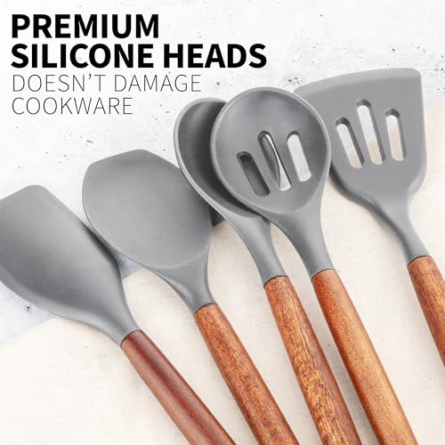Zulay Kitchen 5 Piece Silicone Utensil Set | Non-Stick Silicone Cooking Utensils Set with Acacia Wood Handles - 464°F Heat Resistance Kitchen Utensils Set - Gray - color: Elegant Grey, size: 5-Piece Set
