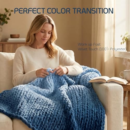 Beginner Chunky Yarn for Hand Knitting Ombre Blankets, Plush Chenille Fade | Long-fade ombre chenille chunky yarn - #7 Jumbo - 42oz/1200g - 162 Yards - Deep Sea Blue - color: Deep Sea Blue (0.8" Thick)