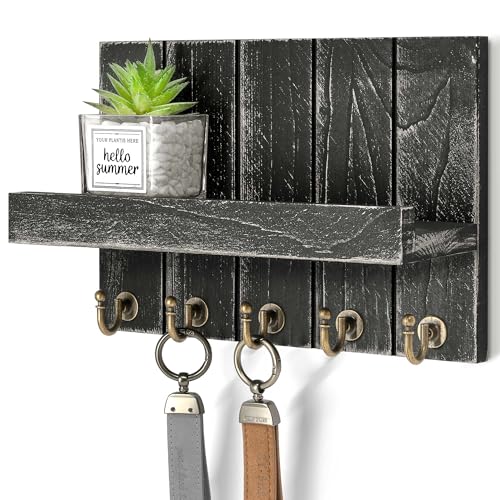 Rebee Vision Key Holder Wall Mount with Shelf for Living Room, Old Black | 3.54'' x 10'' x 7.28'', Farmhouse Key Holder for Wall, Solid Pine Wood, Sunglass Organizer, Entryway Storage, Compact Design - color: Old Black, size: 10 inches