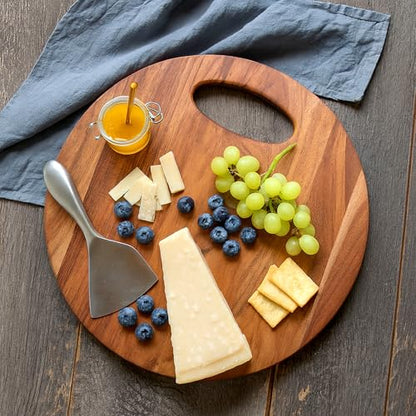 GoCraft Acacia Wood Round Cutting Board with Handle – 12x12 Inches | Rustic Wooden Cheese Board | Charcuterie Tray | Natural Rustic Kitchen Chopping Board | Farmhouse Food Prep & Serving Platter