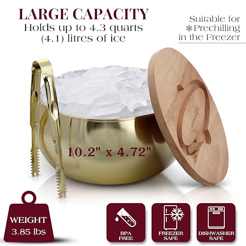 Gusto Nostro 4.1L Insulated Ice Bucket with Lid and Tongs, Double Wall Stainless Steel Ice Bucket Large, BPA Free Ice Bucket for Cocktail Bar, Keeps Champagne, Wine, Beer Chill for Parties (Gold) - color: Gold