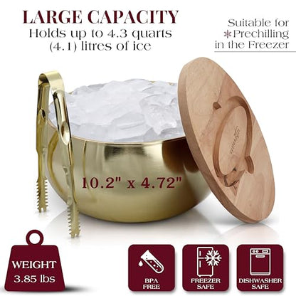 Gusto Nostro 4.1L Insulated Ice Bucket with Lid and Tongs, Double Wall Stainless Steel Ice Bucket Large, BPA Free Ice Bucket for Cocktail Bar, Keeps Champagne, Wine, Beer Chill for Parties (Gold) - color: Gold
