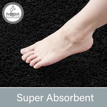 LOCHAS Bathroom Rugs Sets 3 Piece, Long Bath Mat Set Non Slip, Black | Washable Absorbent Toilet Rug, Shaggy Soft Cozy Quick Dry - color: Black, size: 48" x 20" + 24" x 17" + U Shape 24" x 20"