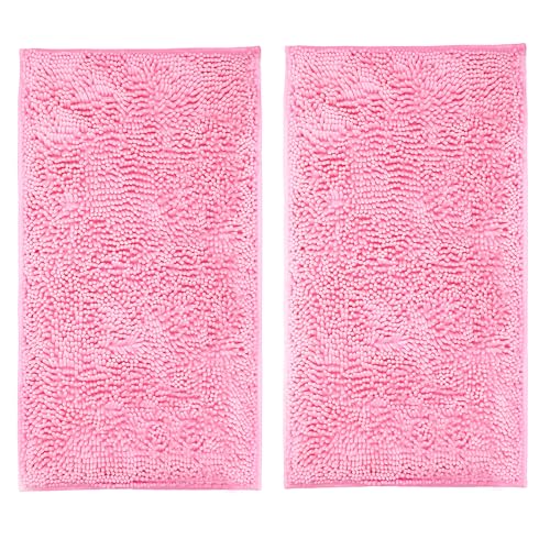 LanYunUmi Pink 2 Pieces Bathroom Rugs, Ultra Soft Non Slip Absorbent Chenille Toilet Bath Mat Set Rugs for Slip-Resistant Shag Extra and Rug Shower Room Machine-Washable Fast (Pink, 20"x32"+20"x32") - color: Pink, size: 20"x32"+20"x32"