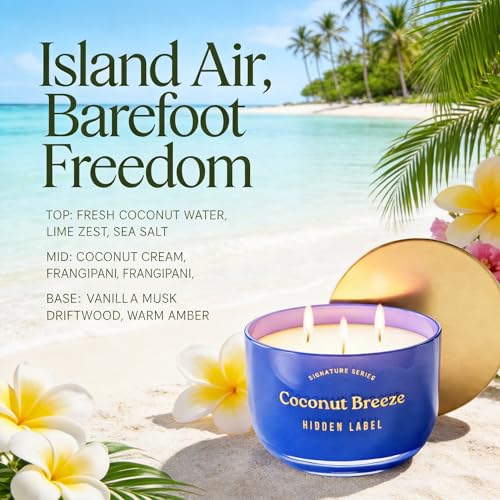 Hidden Label Coconut Breeze Candle, 18oz 3-Wick Soy Wax | 75+ Hour Burn | Tropical Shore Blend | Non Toxic Plant Wax | Triple Flame Even Melt | Housewarming Ready - color: Coconut Breeze
