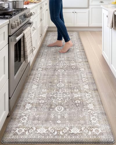 DEXI Kitchen Floor Mats Cushioned Anti Fatigue Runner Rug Grey Floral | 23x107 Large Soft Comfort Memory Foam, Easy Care, Waterproof, Standing Padded for Front Sink Laundry Office - color: Beige Grey, size: 107"L x 23"W x 0.4"Th