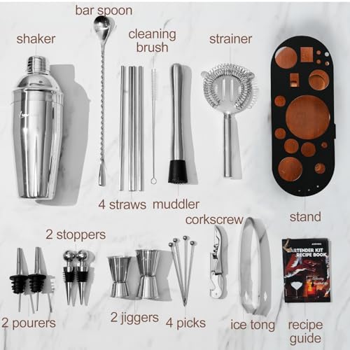 23-Piece Cocktail Shaker Set with Stand, 304 SS, Bartender Kit Gift | Complete Home Bar Set: Leak-proof Shaker, Jigger, Muddler, 18/8 Steel, Gift for beginners, cocktail lovers & house parties - color: brown-y