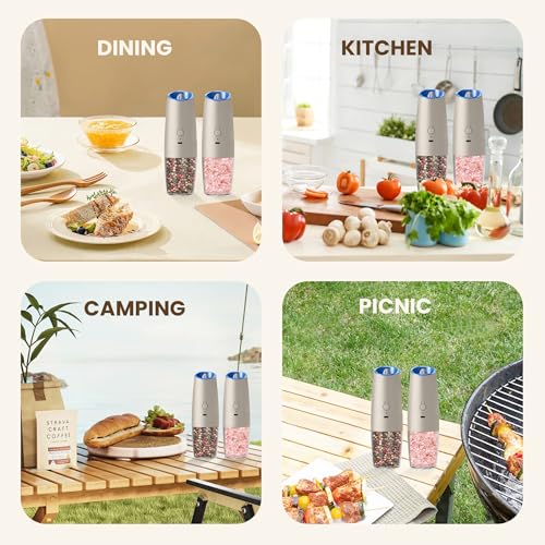 Rechargeable Gravity Salt Pepper Grinder Set, 2 Pack (Khaki) | Gravity Automatic Grinder With LED Light & Adjustable Roughness, Rechargeable Seasoning Tool For Kitchen Use - color: Rechargeable/Set/Khaki
