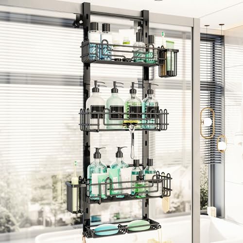 HapiRm Over the Door Shower Caddy - 4-Tier Hanging Shower Organizer with 22 Hooks and 2 Toothbrush Holders, No Drilling Adjustable Hanging Shelves for Bathroom - Black - color: Black, size: 4-tier