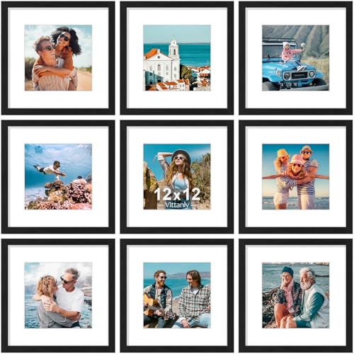 Vittanly 12x12 Picture Frames Set of 9 for Wall Mounting, Black | Display Pictures 8x8 with Mat or 12x12 without Mat for Wall Mounting, Square Photo Frames for Home Decor, Engineered Wood - color: Black, size: 12x12