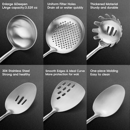 Izurok 18/10 Stainless Steel Kitchen Utensils Set,6 Piece Cooking Utensils With Wood Handle,Heat Resistant Kitchen Tool Set With Spatula, Spoon, Ladle, Skimmer, Slotted Spoon, Pasta - color: SILVER-6 Pieces, size: Small