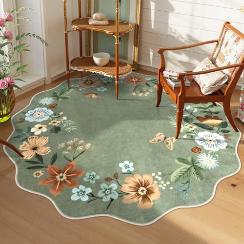 Lahome Floral Washable Round Area Rug, Soft Round Rug 5ft Soft Non-Slip | Non-Shedding Boho Circle Carpet for Bedroom Living Room Bathroom Nursery Kitchen, Green - color: Green, size: 5'(Round)