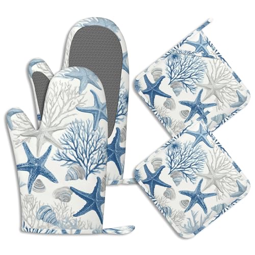 Bule Shells Starfish Oven Mitts and Pot Holders Coastal Coral Silicone Kitchen Accessories Set of 4 Heat Resistant Non-Slip Long Gloves Potholder for Chef Cooking Baking Gifts Women Men - color: Bule Shells Starfish,coastal Coral