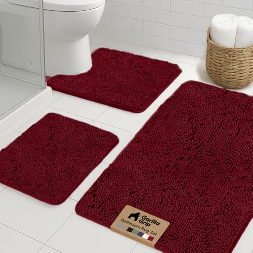 GORILLA GRIP Bathroom Rug Sets 3 Piece, Bath Mat Set and Oval Toilet Base with Rubber Backing, Plush Absorbent Shaggy Chenille Washable Mats, Includes 24x19.5, 24x17 and 36x24 Inch Rugs, Burgundy - color: Burgundy, style: 24"x19.5" + 24"x17" + 36"x24" - 3