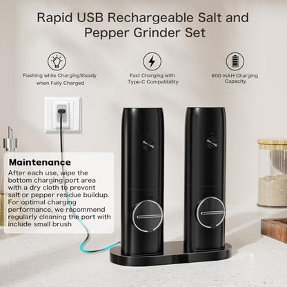 Electric Salt and Pepper Grinder Set of 2, Automatic Pepper Mill,USB Rechargeable, Adjustable Coarseness, One-handed Operation, Ceramic Burr,Refillable, Auto Grinders with Charging Base LED Light
