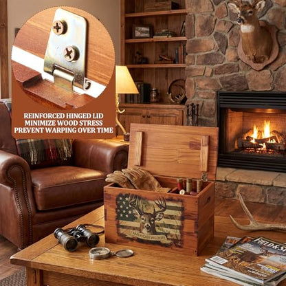 Novabright Solid Pine Wooden Storage Box with Lid, Rustic Elk Decorative Crate for Men’s Desk, Man Cave, Dad, Father's Day, Remote Controls, Books, Keepsakes and Cabin Decor Gift