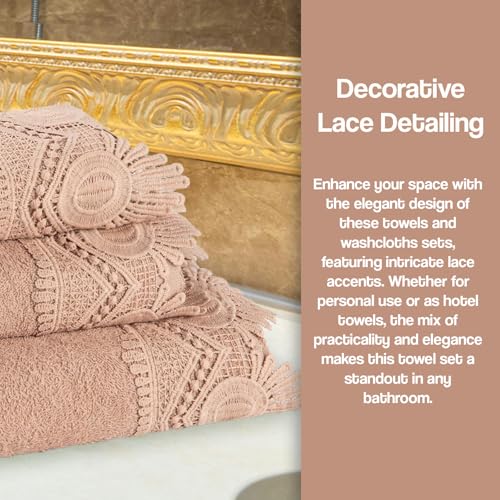 Zahari Home 3 Piece Laced Towel Set - Stylish Soft Plush Cotton Towels with Hand Towel & Washcloth - Highly Absorbent Towels for Bathroom, Gym, Hotel & Spa (Crochet Blush) - color: Crochet-blush