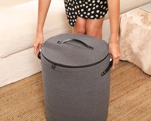 16"x20" Extra Large Cotton Rope Basket with Zipper Lid, Woven Laundry Hamper and Blanket Storage Basket, Round Clothes Bin for Living Room Bedroom, Dark Grey - color: All Dark Grey