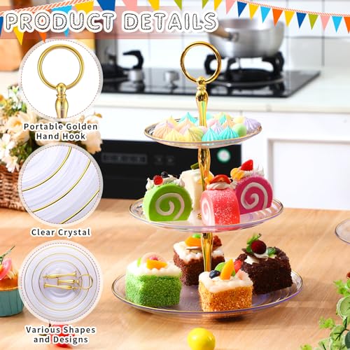 Teenyyou 16 Pack 3 Tier Cupcake Stand Bulk Tiered Dessert Stand Thick Plastic Serving Tray with Gold Edges Dessert Table Display Set Tea Cake Holder for Wedding Birthday Party (Clear) - color: Clear