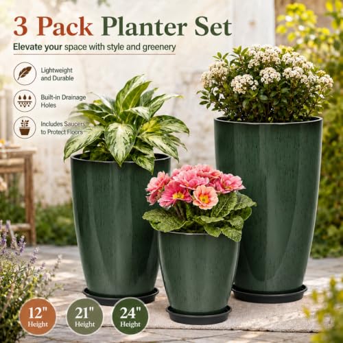 Neoaider Set of 3 Tall Planter, 24/21/12in Large Plastic Planter, DarkGreen | Ceramic-Look, Lightweight, Built-in Drain Hole, Saucers, Tall Outdoor Planter for Porch, Garden, Patio, Balcony - color: Dark Green