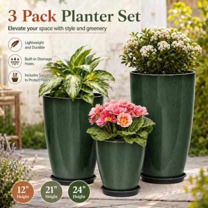 Neoaider Set of 3 Tall Planter, 24/21/12in Large Plastic Planter, DarkGreen | Ceramic-Look, Lightweight, Built-in Drain Hole, Saucers, Tall Outdoor Planter for Porch, Garden, Patio, Balcony - color: Dark Green