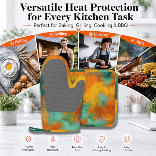 Blue Gold Marble Oven Mitt and Pot Holder with Silicone Heat Resistant Kitchen for Cooking BBQ Baking Grilling Cooking Protection - color: Blue Gold Marble