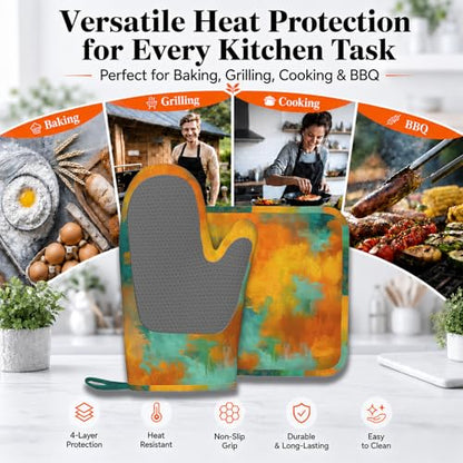 Blue Gold Marble Oven Mitt and Pot Holder with Silicone Heat Resistant Kitchen for Cooking BBQ Baking Grilling Cooking Protection - color: Blue Gold Marble