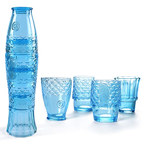 MDLUU Fish Design Tumbler Glasses, Stackable Drinking Glasses, Colored Glass Beverage Cups, Nautical Glassware for Gift, Set of 4 (Blue) - color: Blue
