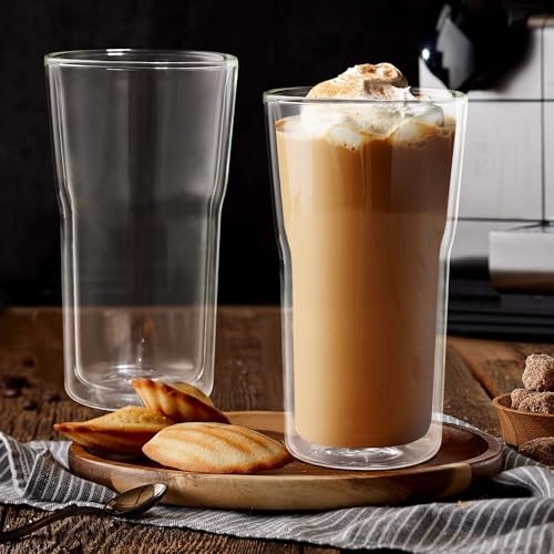 Joeyan Glass Double Walled Beer Drinking Glasses Tumbler 16 oz, Double Layer Tall Borosilicate Insulated Water Cocktail Glass Cups, Double Lined Thermo Tea Coffee Hot Beverage Glassware, Set of 2 - color: 450ml-Clear with handle