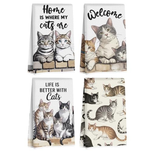 4 Pcs Cute Cat Kitchen Towels 24x14 Inch, Cats Gifts Absorbent Hand Towels | Cat Lover Gifts for Women Mom Microfiber Dish Cloths for Drying Dishes, Waffle Dish Towels for Kitchen Home Decor - color: Multi 1482