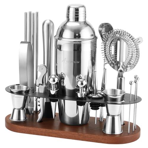 23-Piece Cocktail Shaker Set with Stand, 304 SS, Bartender Kit Gift | Complete Home Bar Set: Leak-proof Shaker, Jigger, Muddler, 18/8 Steel, Gift for beginners, cocktail lovers & house parties - color: brown-y