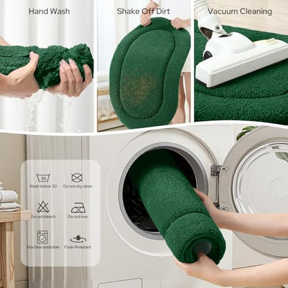 HOMEIDEAS Dark Green Oval Bathroom Rug Sets 2 Piece 20" x 32" + 16" x 24" | Microfiber Bath Mats, Non-Slip TPR Backing, Ultra Absorbent & Quick Dry, Machine Washable for Bathroom, Shower, Tub - color: Dark Green