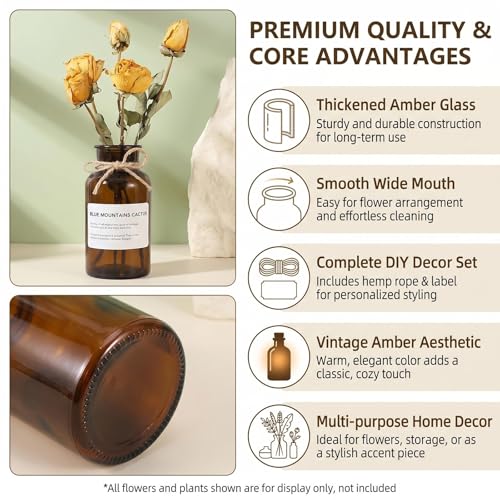 6.38 Inch 17oz Clear Glass Vase, Wide Mouth Flower Vase with Hemp Rope | Thickened Glass Body, Natural Hemp Rope, Smooth Wide Mouth, Stable Base, DIY Sticker Included, 2 Color Options - color: Amber