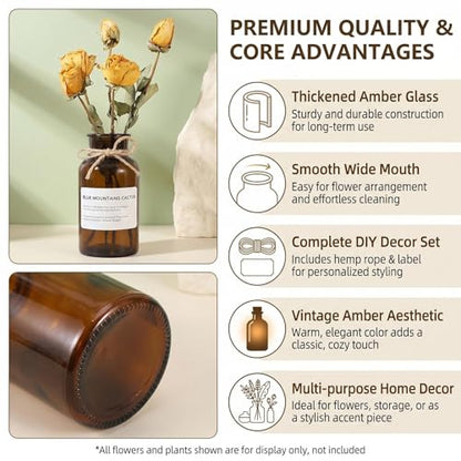 6.38 Inch 17oz Clear Glass Vase, Wide Mouth Flower Vase with Hemp Rope | Thickened Glass Body, Natural Hemp Rope, Smooth Wide Mouth, Stable Base, DIY Sticker Included, 2 Color Options - color: Amber