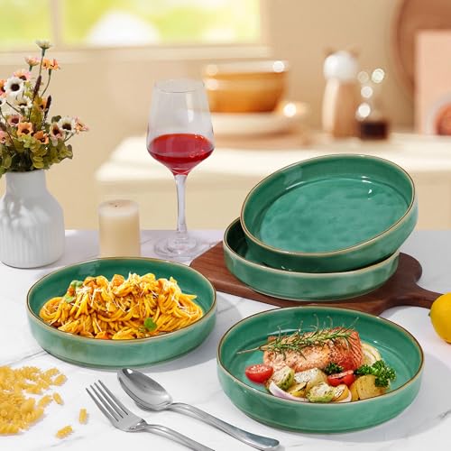LIANYU 33oz Pasta Bowls, 8.25’’ Wide Shallow Salad Plates Set of 4 | Stoneware Ceramic Dinner Serving Bowls for Cereal, Fruit, Soup, Microwave & Dishwasher Safe, Emerald Green - color: Emerald Green