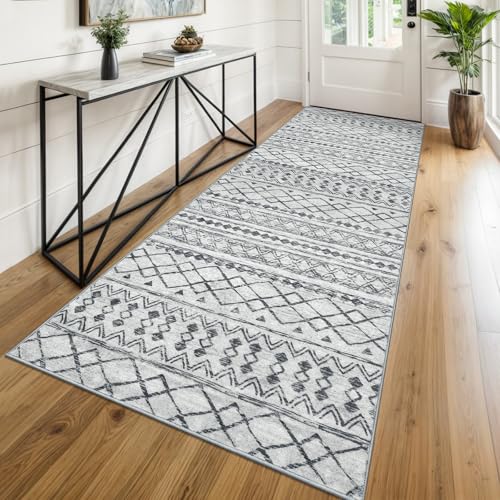 KUTA Boho Runners for Hallways 3x8 Grey Moroccan Washable Runner Rug | Non-Slip, Non-Shedding, Low Pile, Ultra Soft Geometric Floor Carpet Rugs for Kitchen Entryway Bathroom Bedroom Laundry Foyer - color: Grey, size: 3' x 8' (Runner)