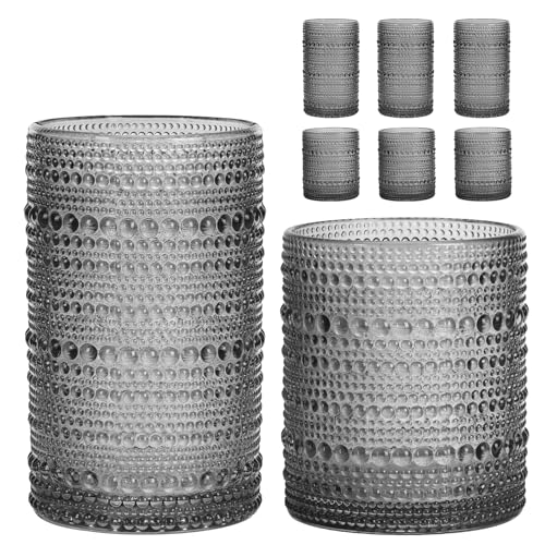 Moretoes Gray Hobnail Drinking Glasses Set of 6,Glass Cups | 12 Oz Highball Glasses & 10 Oz Cocktail Glasses, Kitchen Bar Tumbler Glassware Set for Whiskey, Beer, Juice, Milk - color: Gray, size: 6pcs