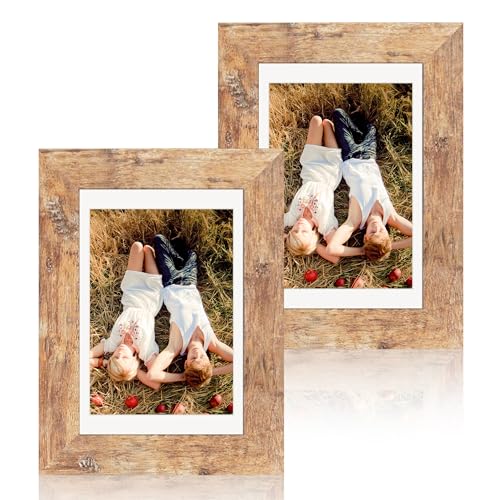 iRahmen 4x6 Picture Frame Set of 2, Wood Rustic Brown Frame with High Definition Glass, Display Pictures 3.5x5 with Mat or 4 x 6 without Mat for Tabletop Display and Wall Mounting - color: Rustic Brown, size: 4X6