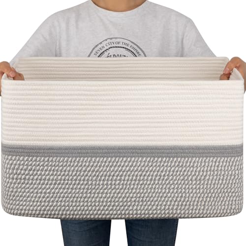 OIAHOMY Blanket Basket Laundry Basket Dog Toy Basket 75L Grey/White | Large Storage Basket,Baby Basket,Toy Storage,Woven Rope Basket for Blankets,Blanket Storage for Living Room - color: Grey White, size: 22”x17”x12”