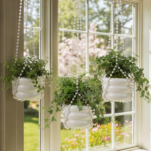 Sliner 3 Pack 24 Inch Pearl Beaded Plant Hanger Macrame Plant Hanger Decorative Hanging Planter Holder for Indoor Outdoor Boho Decor Wedding Home Garden - style: Pearl