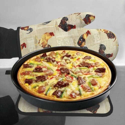 Rustic Rooster Oven Mitts and Pot Holder Set of 2 Farm Animal Print Heat Resistant Gloves Hot Pads for Kitchen Grilling Baking Cooking BBQ - color: Rustic Rooster