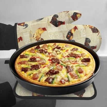 Rustic Rooster Oven Mitts and Pot Holder Set of 2 Farm Animal Print Heat Resistant Gloves Hot Pads for Kitchen Grilling Baking Cooking BBQ - color: Rustic Rooster
